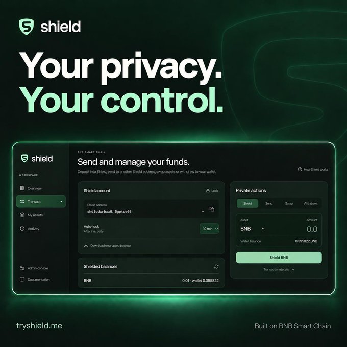 A promotional graphic for Shield featuring the tagline "Your privacy. Your control." displays a screenshot of the Shield interface on BNB Smart Chain, showing a user dashboard with a shielded BNB balance of 0.395822 BNB, a Shield address (sh1dgkhnx4...0gptqe6), and private transaction options. The image aligns with the caption by illustrating Shield's user-friendly setup process and its privacy-focused features for transacting BNB privately on BNB Smart Chain via tryshield.me.