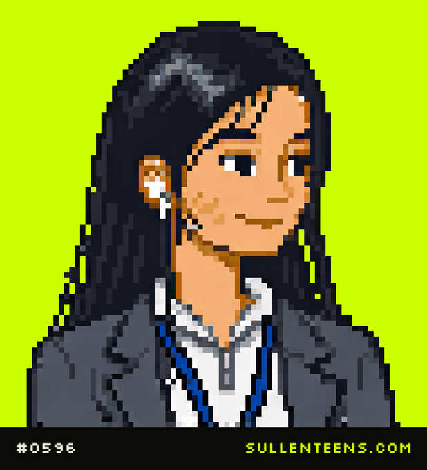 A pixel art portrait shows a person with long black hair wearing a gray blazer and earbuds against a lime green background, labeled "#0596" and "SULLENTEENS.COM".