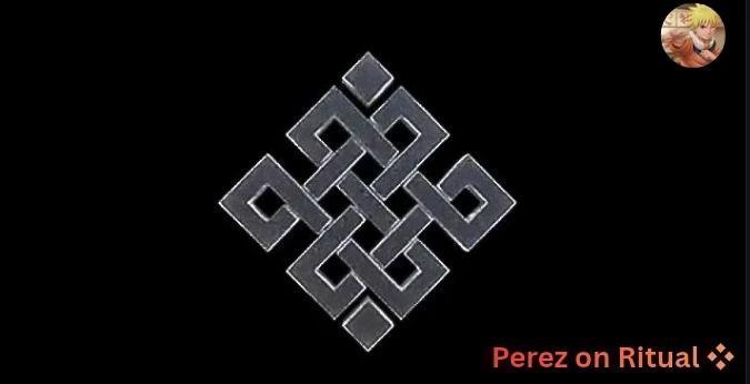 A geometric endless knot symbol displayed on a black background with text 'Perez on Ritual' in red at the bottom right and a small anime-style avatar in the top right corner.