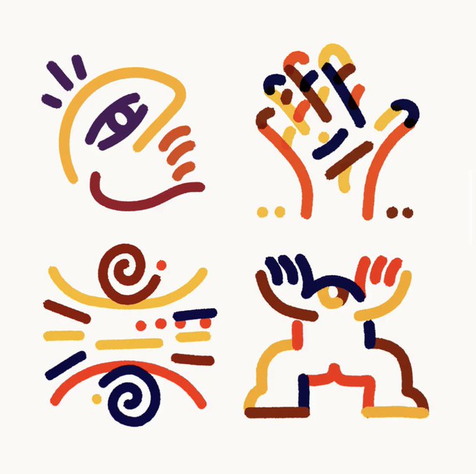 The image features a white background with four different hand drawings, each depicting a unique pose or action. These hand drawings include a face, a person's arms raised, two hands holding a stick, and another pair of hands holding a stick. The colors used in these drawings are orange, yellow, red, and blue. The post includes the text "GLiFS morning IT'S MINT DAY." which is likely meant to be a caption or description related to the image.