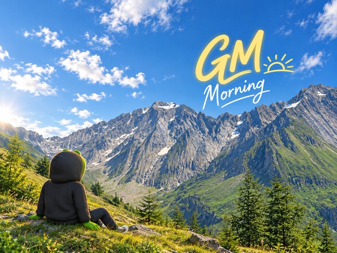 A scenic landscape image featuring a character with a green-hooded figure sitting on a grassy hill overlooking snow-capped mountains, with 'GM Morning' text in yellow and white.