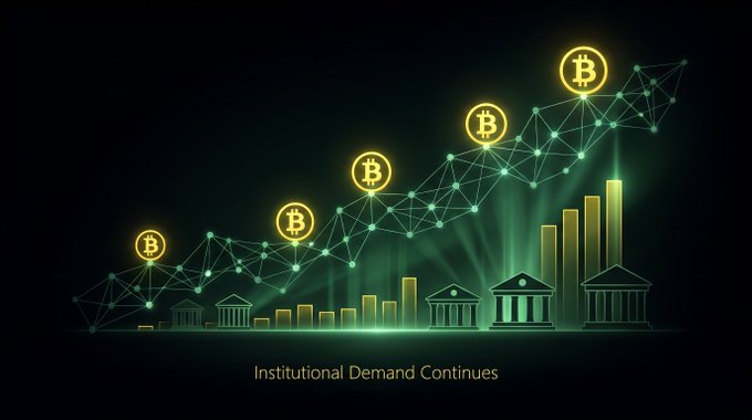 A glowing green chart rises diagonally across the frame, marked by Bitcoin logos and increasing bar graphs with institutional building icons at the base, captioned "Institutional Demand Continues." The visual reinforces the post's message about sustained institutional Bitcoin interest, highlighted by Michael Saylor's Strategy accumulating more BTC.