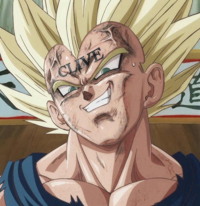 The image depicts an anime-style character resembling Vegeta from Dragon Ball Z, but altered with a tattoo reading "CLIVE" on his forehead and a manic grin, tying into the post's promotion of the $CLIVE token. The battle-worn aesthetic and intense expression visually reinforce the post's aggressive crypto marketing aimed at attracting more "Bagworker" holders of the meme coin.