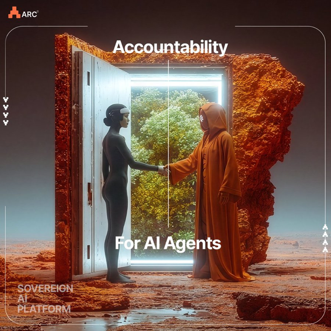 Promotional graphic titled 'Accountability For AI Agents' by ARC, showing an android and a hooded figure shaking hands in a doorway framed by orange rock, with the 'Sovereign AI Platform' logo.