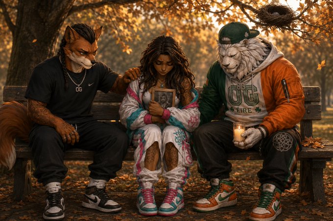A digital artwork depicting three anthropomorphic figures—a fox and a lion in streetwear flanking a human girl in the center—sitting on a wooden park bench in an autumn setting, with the girl holding a framed photo and the lion holding a candle.
