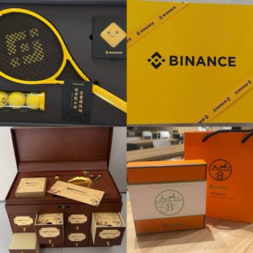 The image features a collage of four photos related to a post about Binance. The first photo shows a tennis racket with a yellow handle and black frame, accompanied by a box containing a tennis ball and a small toy horse. The second photo displays an orange shopping bag with a gold logo on it. The third photo showcases a brown wooden chest filled with various trinkets and souvenirs. The fourth photo features a white box with the Binance logo on it.