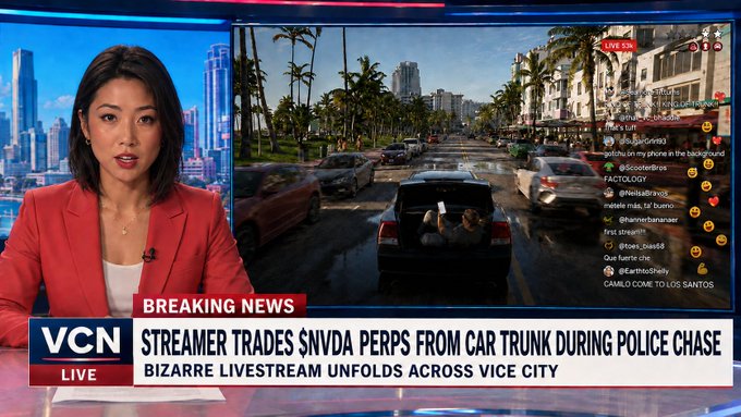 A VCN news broadcast features anchor reporting breaking news that "STREAMER TRADES $NVDA PERPS FROM CAR TRUNK DURING POLICE CHASE" as part of a bizarre livestream across Vice City, showing GTA gameplay footage with a live chat and user interactions including "CAMILO COME TO LOS SANTOS" visible on screen.