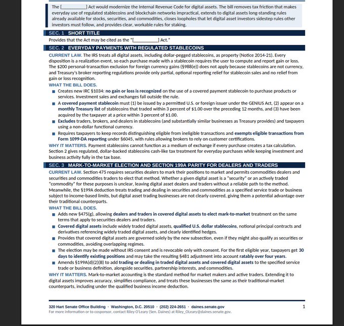 A draft of the "Lummis-Gillibrand Responsible Financial Innovation Act" from Senator Daines's office, detailing provisions for tax-free stablecoin transactions under $200 daily and a 3% cap, marking-to-market for digital assets, and closing the wash sale loophole for crypto.