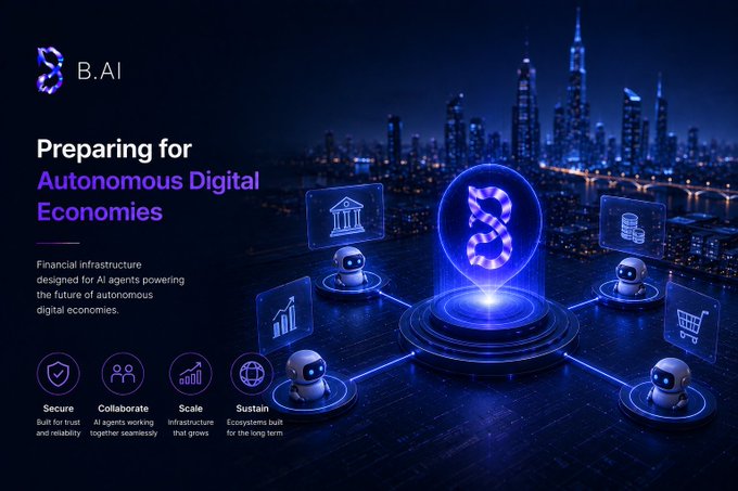 A promotional banner for B.AI titled "Preparing for Autonomous Digital Economies" features a futuristic cityscape backdrop with a glowing 3D "B" hologram at the center, connected to four AI robot agents displaying icons representing a bank, stacked coins, a shopping cart, and a growth chart. The design emphasizes B.AI's financial infrastructure built for AI agents, highlighting four key features: Secure (built for trust and reliability), Collaborate (AI agents working together seamlessly), Scale (infrastructure that grows), and Sustain (economies built for the long term).