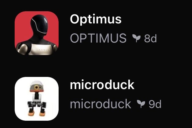 Two user profile entries displayed on a dark interface. The top one is for 'Optimus' with a default 'OPTIMUS' username and a robot avatar, showing a verified badge and '8d'. The bottom is for 'microduck' with the same username and a Lego figure avatar, showing a verified badge and '9d'.
