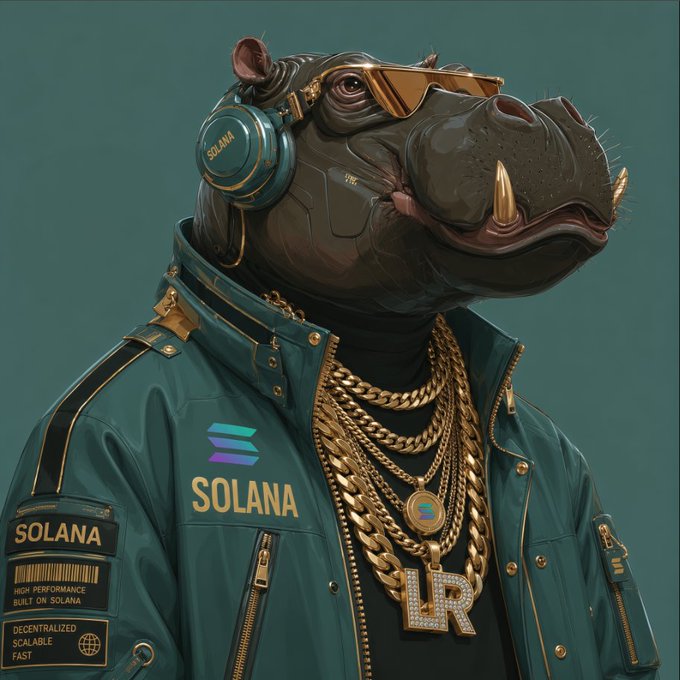 A stylized digital illustration of a hippo wearing gold-rimmed sunglasses, headphones labeled 'SOLANA', a green jacket branded with 'SOLANA', and multiple gold chains featuring 'LR' pendants.