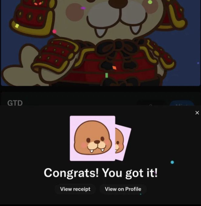 A screenshot of a digital transaction confirmation showing a cartoon seal avatar with the text 'Congrats! You got it!' alongside 'View receipt' and 'View on Profile' buttons.