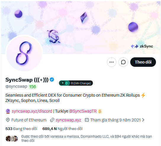 The image shows an advertisement for a social media platform named "SyncSwap" that uses a combination of English, German, and another language. There are several images present which provide more details about the service offered by the platform, such as cryptocurrency conversion or the use of tokens. Some text is written in different languages including Portuguese and Thai. The main focus on the image seems to be promoting the benefits of using SyncSwap for users.