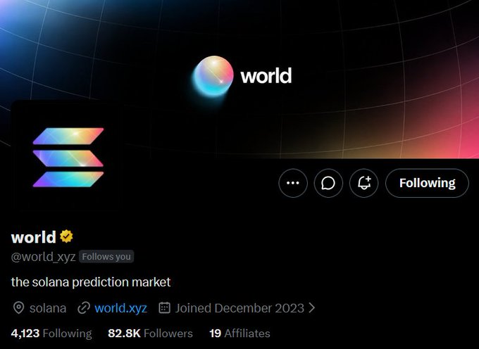 A Twitter/X profile page for 'world' (@world_xyz), identified as 'the solana prediction market', with 82.8K followers and a 'Following' status shown.