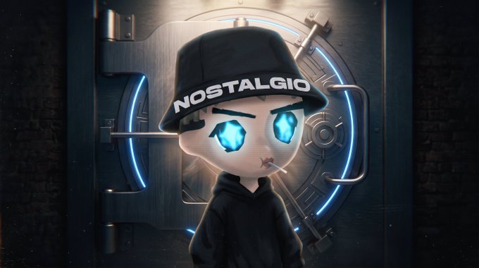 A 3D-rendered chibi-style character with glowing blue diamond eyes and a cigarette in its mouth stands in front of an open bank vault, wearing a black bucket hat with the word 'NOSTALGIO' in white letters.