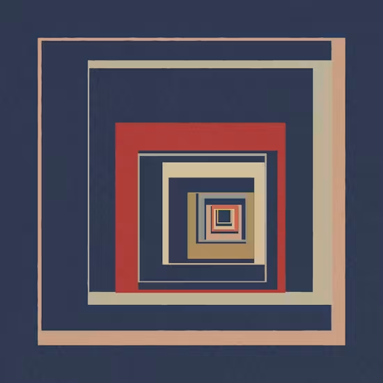 The image features a square frame with a series of smaller squares arranged within it, creating an illusion of depth and perspective. The colors used are predominantly blue, red, and white, which contribute to the overall visual effect. The post appears to be about a collection of algorithmic works or art pieces that have been posted for all SuperRare collectors to view in the next hour.

The image is titled "Meditations in Color allowlist phase" and it has an estimated size of around 1MB, which suggests that it contains multiple smaller images or illustrations within it. The post also mentions a minting fee of 0.03 ETH, indicating that this collection might be available for purchase by collectors.