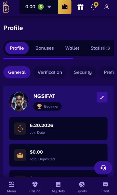 A screenshot of a betting platform profile page showing user 'NGSIFAT' as a Beginner with a join date of 6.20.2026 and $0.00 total deposited.