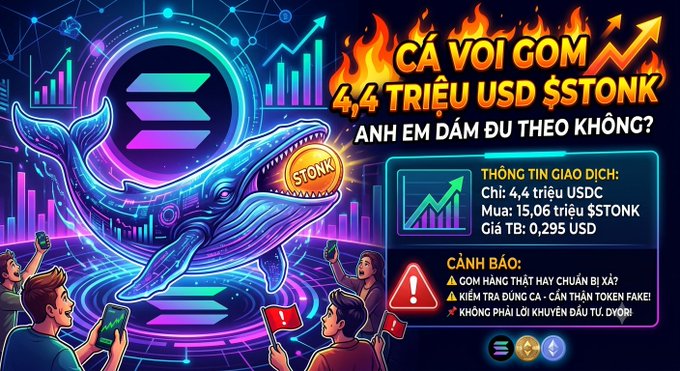 A Vietnamese-language promotional graphic for the Solana ($TONK) whale that bought $4.4 million worth, displaying exchange info, a price of $0.295, and warnings about rug pull risks and fake tokens.
