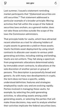 A text excerpt from sec.gov discussing tokenized securities and how they fall within the scope of securities laws, vaults, and evolving strategies employed by parties.