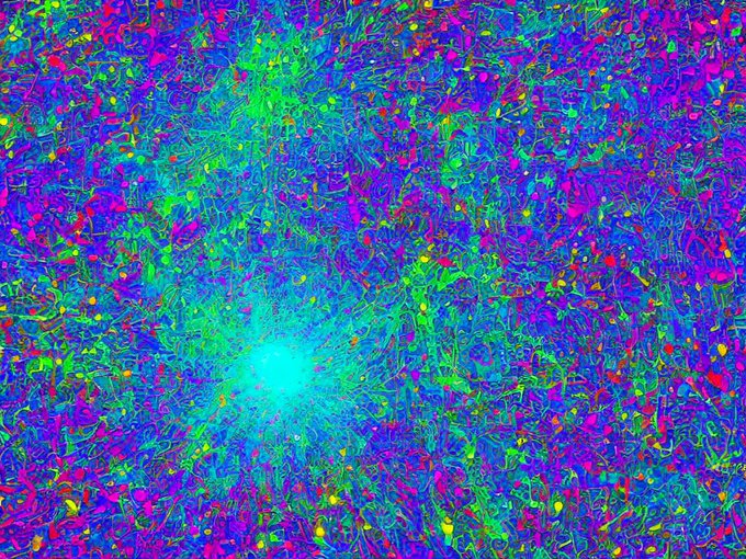 A vibrant, psychedelic digital artwork bursts with neon hues of magenta, cyan, green, and yellow, featuring intricate, web-like patterns radiating from glowing focal points against a chaotic, textured background, visually echoing the complex, interconnected nature of blockchain technology and algorithmic logic shared by @ROBEBERLE.