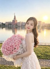 A portrait of a young woman in a white lace dress holding a large bouquet of pink roses, posing in front of a waterfront with European-style architecture and a sunset in the background.