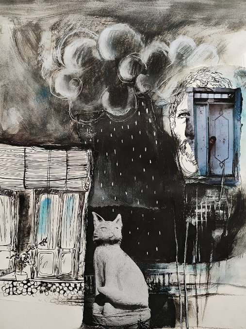 An artistic illustration depicting a white cat sitting in a rainstorm between two buildings, with a dark storm cloud raining overhead.