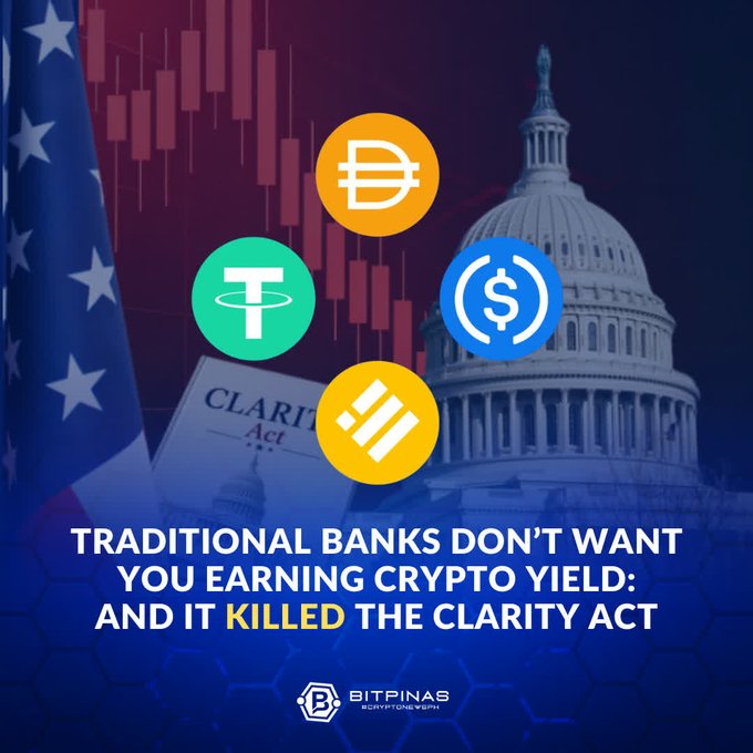 An article graphic titled 'TRADITIONAL BANKS DON'T WANT YOU EARNING CRYPTO YIELD: AND IT KILLED THE CLARITY ACT' featuring logos of DAI, USDT, USDC, and Binance, set against a backdrop of the US Capitol and flag with declining chart bars.