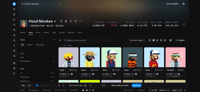 A screenshot of the OpenSea NFT marketplace shows a collection titled 'Hood Monkes' on the Robinhoood chain, listing various items with prices in ETH.
