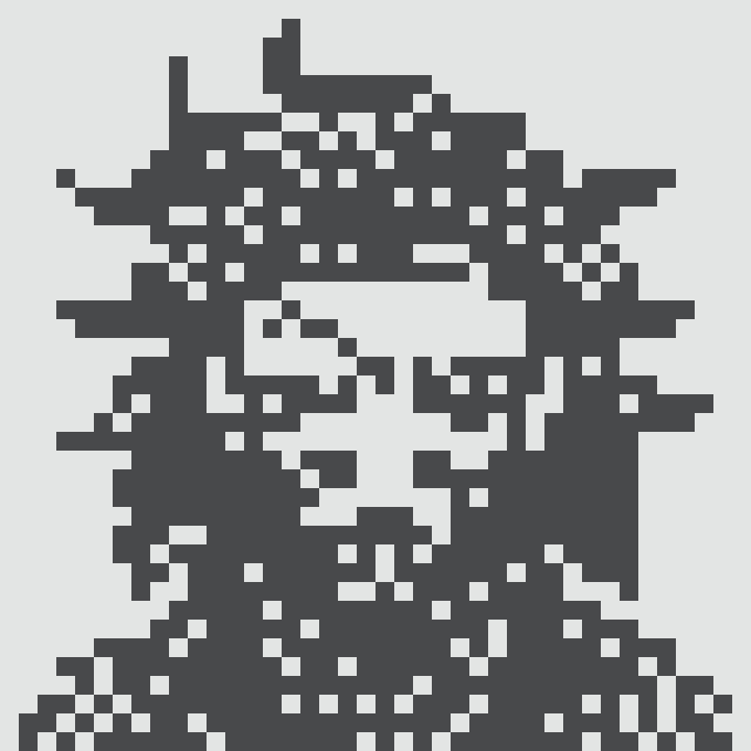 Abstract pixelated black-and-white digital art resembling a fragmented figure or glitched image.