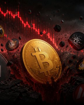 In the image, a gold coin of Bitcoin is floating amidst an explosion of coins. The Bitcoin icon is prominently displayed, surrounded by small coins scattered throughout the scene. In the background, there's a dark, red line representing a downward trend for Bitcoin prices over time. Above this chaotic backdrop, a red line is visible as well, with a scatter pattern resembling those seen in the image itself, suggesting that the Bitcoin price may have crashed or experienced significant fluctuations. The text "JUST IN: Bitcoin has crashed ~50% from its all-time high back to around $62K." implies an abrupt drop and eventual recovery of Bitcoin's value over time.