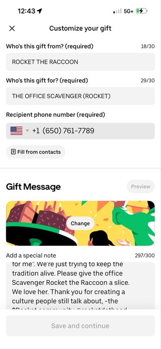 A mobile screen showing a gift customization form titled "Customize your gift" from "ROCKET THE RACCOON" to "THE OFFICE SCAVENGER (ROCKET)" at phone number +1 (650) 761-7789, with a special note addressed to "me" asking the "office Scavenger Rocket the Racoon" to give $ROCKET a slice—directly illustrating the user's playful pizza gift to Robinhood Crypto's Lake Mary office.