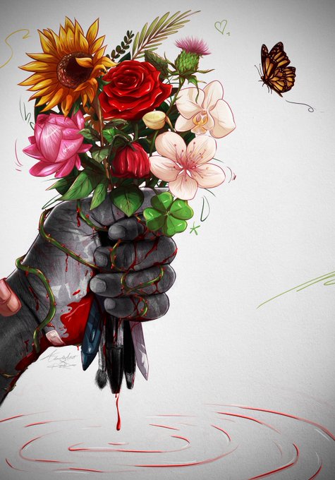 An artistic illustration depicts a knight's gauntlet clutching a bouquet of colorful flowers including a sunflower, rose, and tulips, with blood dripping from the hand into a puddle below, and a butterfly hovering nearby.