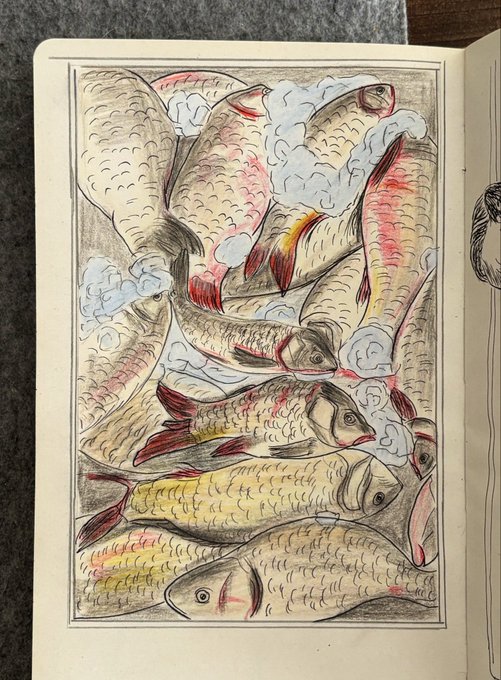 An open sketchbook page featuring a detailed colored drawing of multiple fish with red-tipped fins and tails intertwined with stylized clouds.
