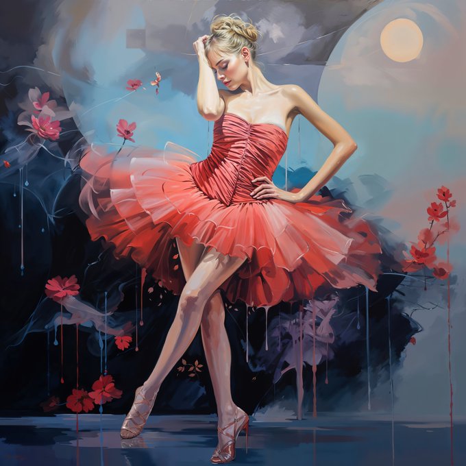 A stylized painting of a blonde ballerina in a flowing red dress posing gracefully among red flowers, with paint drips adding an abstract touch.
