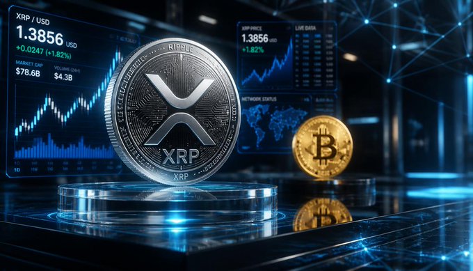 A cryptocurrency promotional graphic displaying physical XRP and Bitcoin coins against a digital blue background with trading data showing 'XRP / USD 1.3856', '+1.82%', and 'Market Cap $78.6B'.