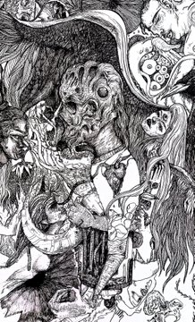 A detailed black and white pen drawing featuring a complex, surreal composition of a central horned figure surrounded by intricate patterns, faces, and monstrous forms.