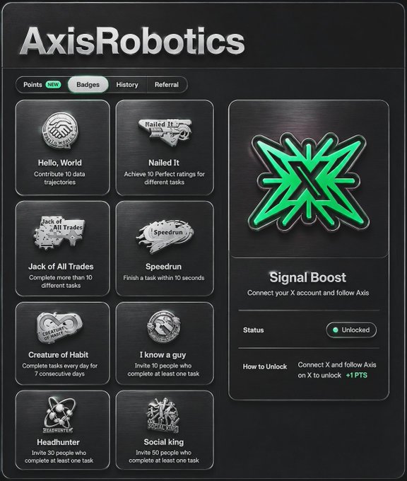 A dark-themed digital rewards dashboard for 'AxisRobotics' displaying various badges like 'Hello, World', 'Nailed It', and 'Speedrun', along with a 'Signal Boost' section marked as 'Unlocked'.