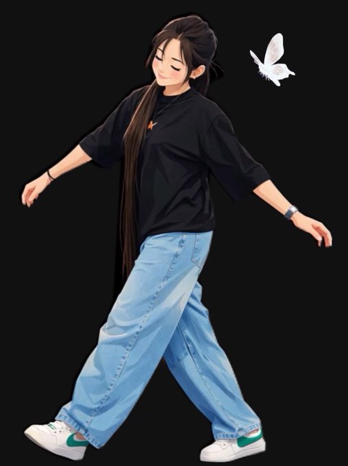 A young woman with a long ponytail is mid-step, smiling gently as a white butterfly flutters beside her; her relaxed, walking pose and peaceful expression match the goodnight sentiment of the post.