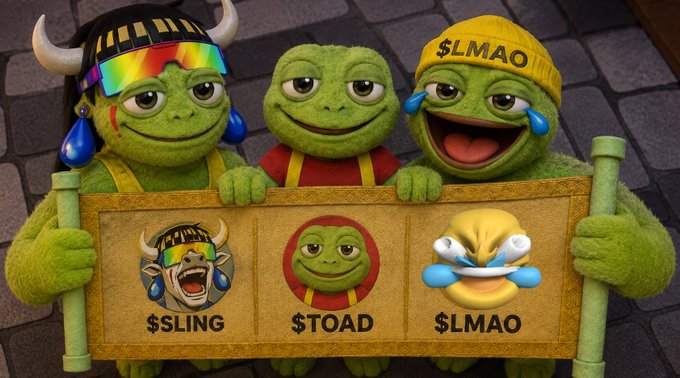 Three green cartoon frog-like creatures hold a banner displaying the meme tokens $LING, $TOAD, and $LMAO, illustrating the post's point about collecting multiple coins within Sling's ecosystem rather than panicking over one dip.
