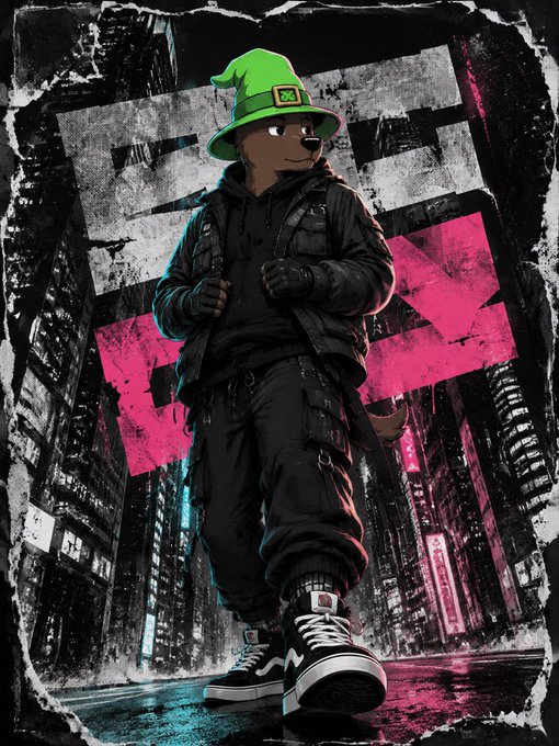 Stylized artwork of an anthropomorphic bear character wearing a green hat, black tactical outfit, and Vans sneakers, standing in a neon-lit cyberpunk cityscape.