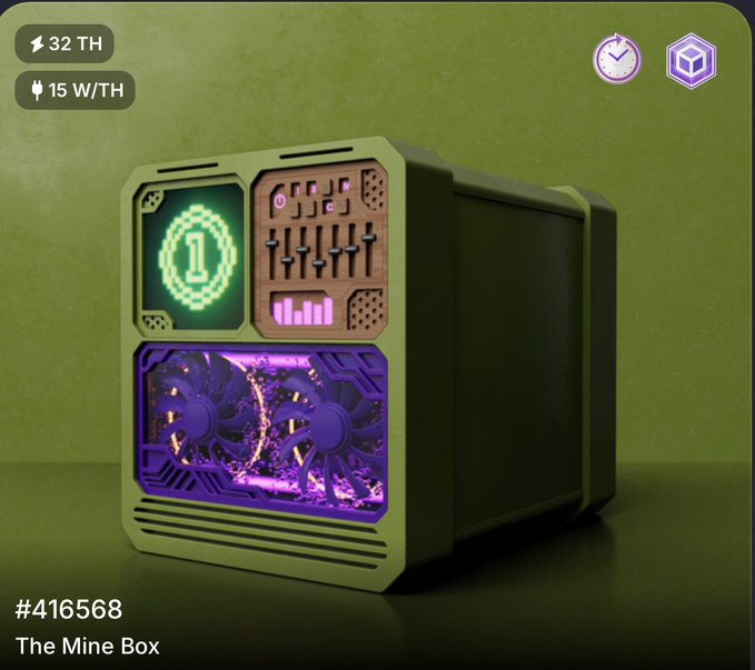 A 3D rendering of a green industrial-looking device labeled "#416568 The Mine Box" with purple internal lighting, cooling fans, and a digital display showing the number "1," listed at 32 TH and 15 W/TH.