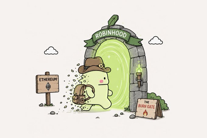 A cute ghost character wearing a cowboy hat and carrying a backpack walks through a glowing green portal labeled "ROBINHOOD," passing a sign marked "ETHEREUM" on its way to "THE BURN GATE." The whimsical illustration humorously depicts the process of sending crypto tokens from Ethereum to Robinhood, where they will be "burned" (removed from circulation).
