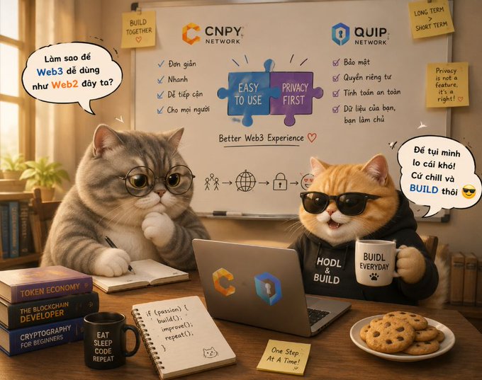A cartoon scene featuring two cats promoting Web3 and blockchain technology, with one cat wearing glasses taking notes and another wearing sunglasses holding a 'BUILD EVERYDAY' mug, surrounded by books like 'TOKEN ECONOMY' and 'CRYPTOGRAPHY FOR BEGINNERS', displaying logos for CNPY Network and QLIP Network with slogans like 'Easy To Use, Privacy First'.