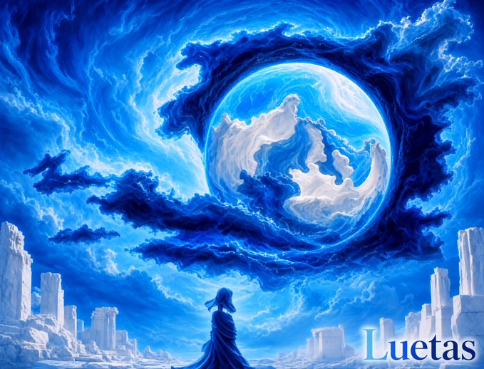 A fantasy digital artwork by Luetas depicting a hooded figure gazing at a massive blue and white swirling sphere in the sky, framed by icy blue clouds and ruins.