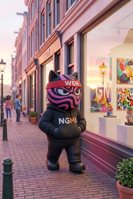 An illustrated character wearing a pink tiger mask with 'WEN' on the forehead and a black hoodie reading 'NGMI,' standing on a cobblestone street outside a gallery.