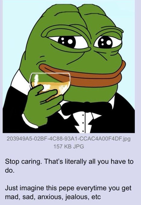 A meme image shows Pepe the Frog in a tuxedo holding a glass of wine, with text reading 'Stop caring. That's literally all you have to do. Just imagine this pepe everytime you get mad, sad, anxious, jealous, etc.'