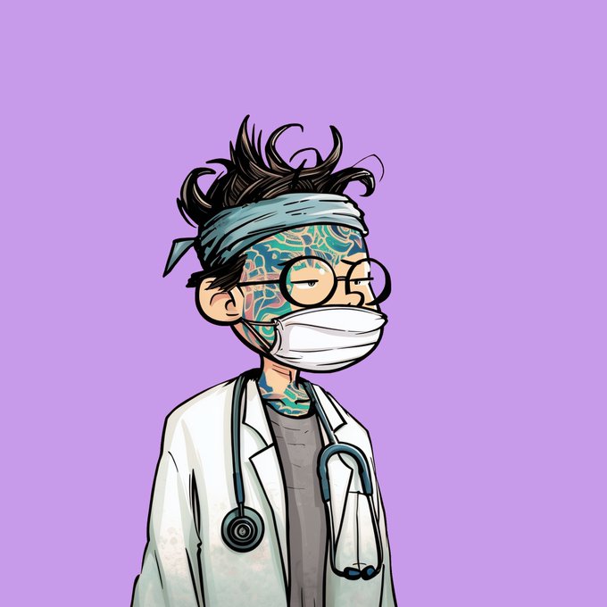 An anime-style illustration of a doctor or scientist character with wild dark hair, a blue face mask with circuit patterns, glasses, and a stethoscope, set against a light purple background.