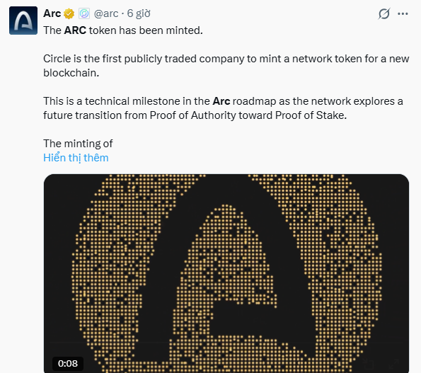 A Twitter/X post from @arc announces that the ARC token has been minted, noting it as a technical milestone for the network's roadmap exploring a transition from Proof of Authority to Proof of Stake.