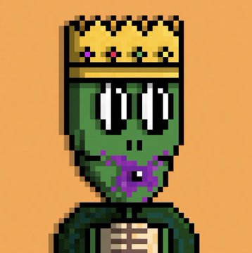 A pixel art image of a green zombie-like character wearing a golden crown with jewels and a purple mustache/beard, set against a tan background. The crowned zombie likely represents a high-value NFT prize pulled from the minting experience mentioned, symbolizing the excitement of winning the 127 $Chia tokens.