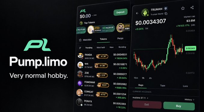 An advertisement for 'Pump.limo' with the tagline 'Very normal hobby' shows a crypto trading app interface featuring the ticker 'TRUMAN' (Truman World) with a price of $0.0034307 and market cap of $3.6M.